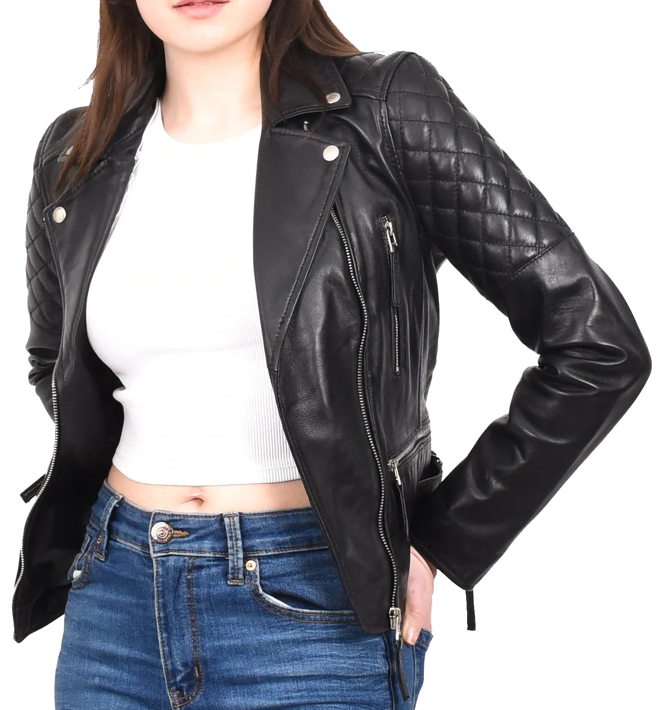Women's Real Leather Cross Zip Biker Style Jacket Black Vintara