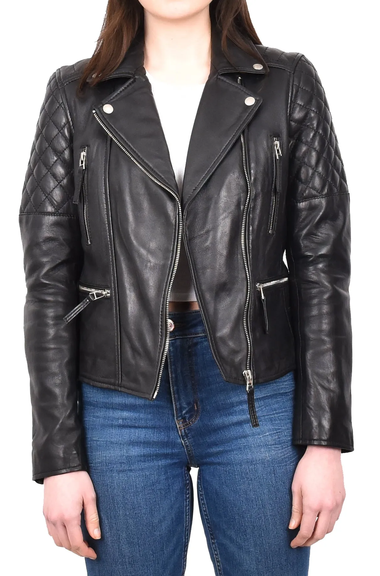 Women's Real Leather Cross Zip Biker Style Jacket Black Vintara