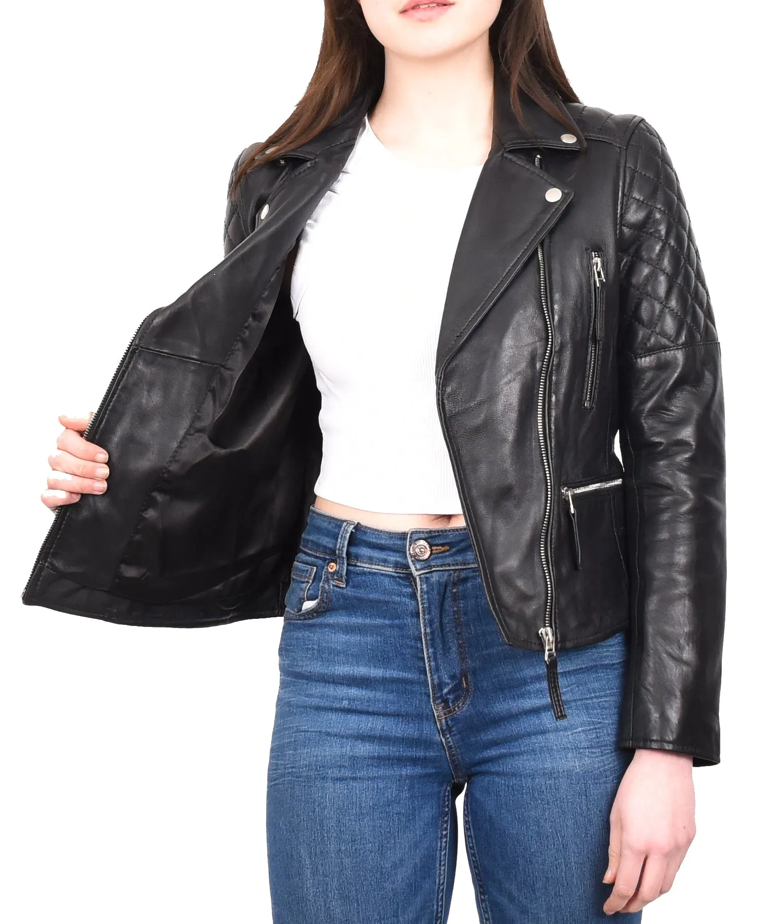 Women's Real Leather Cross Zip Biker Style Jacket Black Vintara
