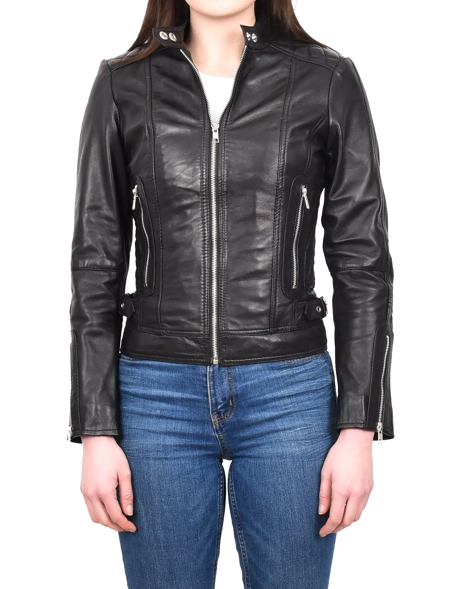 Women's Real Leather Fitted Motorbike Biker Jacket Black Ridebrave