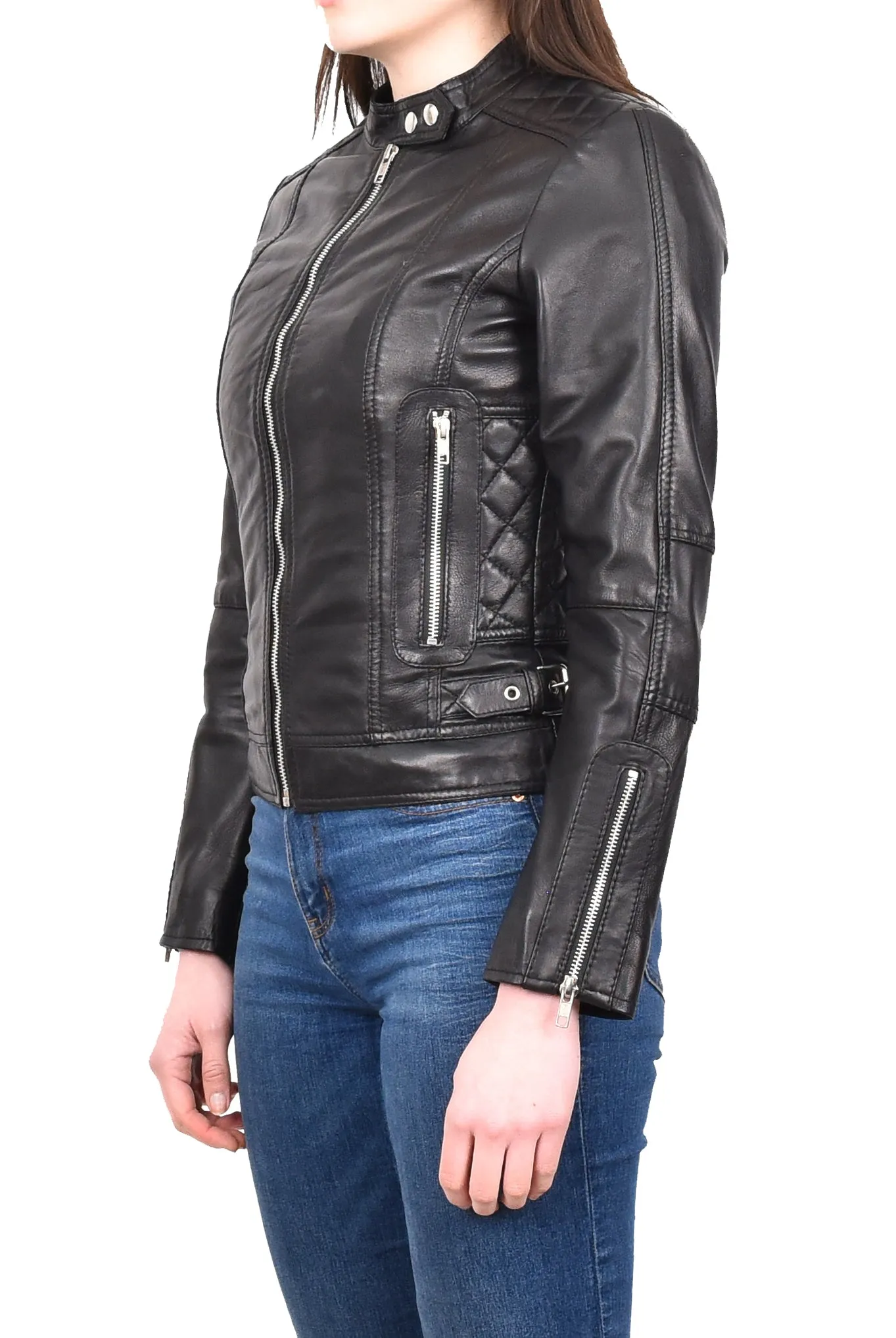 Women's Real Leather Fitted Motorbike Biker Jacket Black Ridebrave