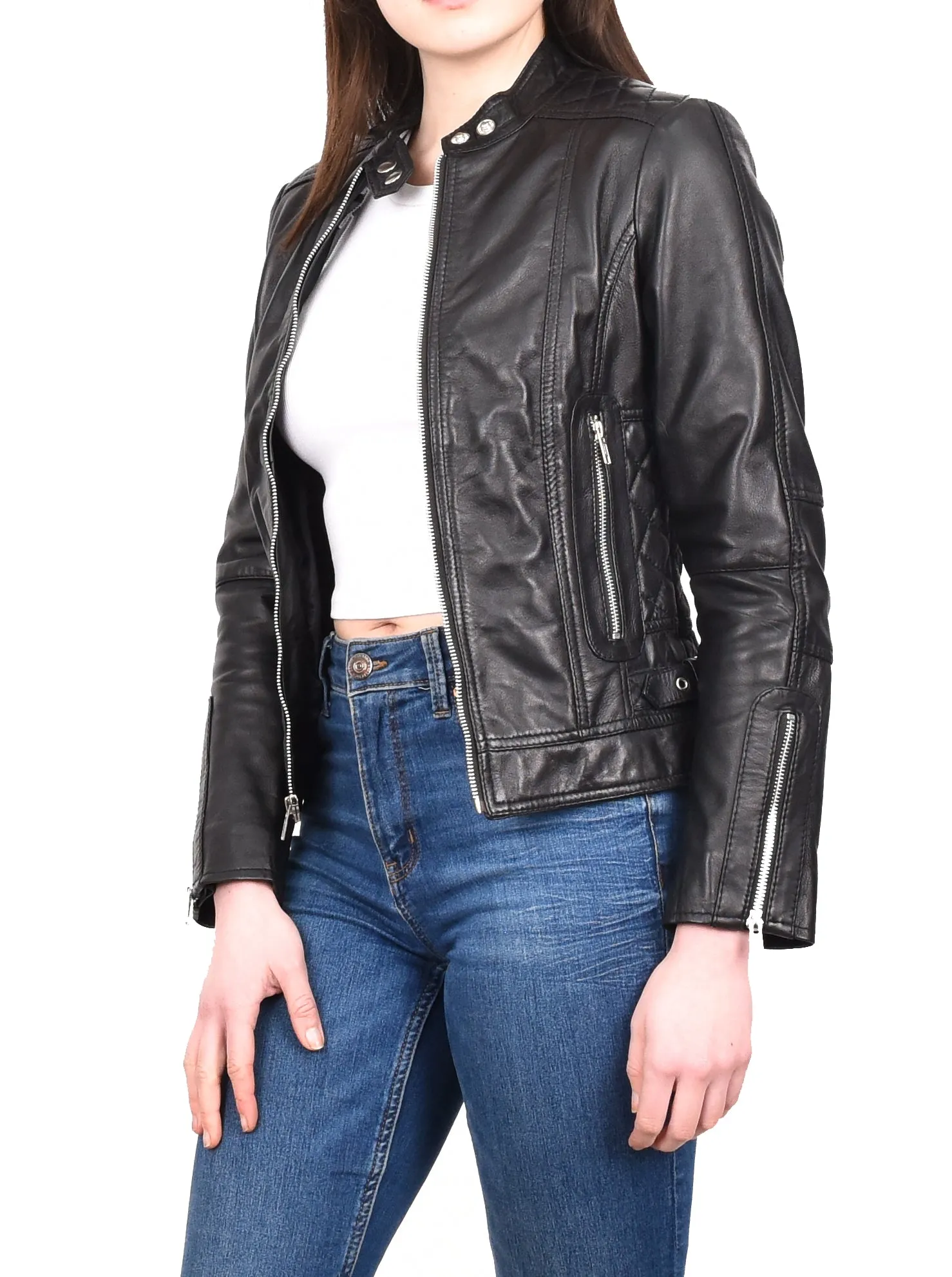 Women's Real Leather Fitted Motorbike Biker Jacket Black Ridebrave