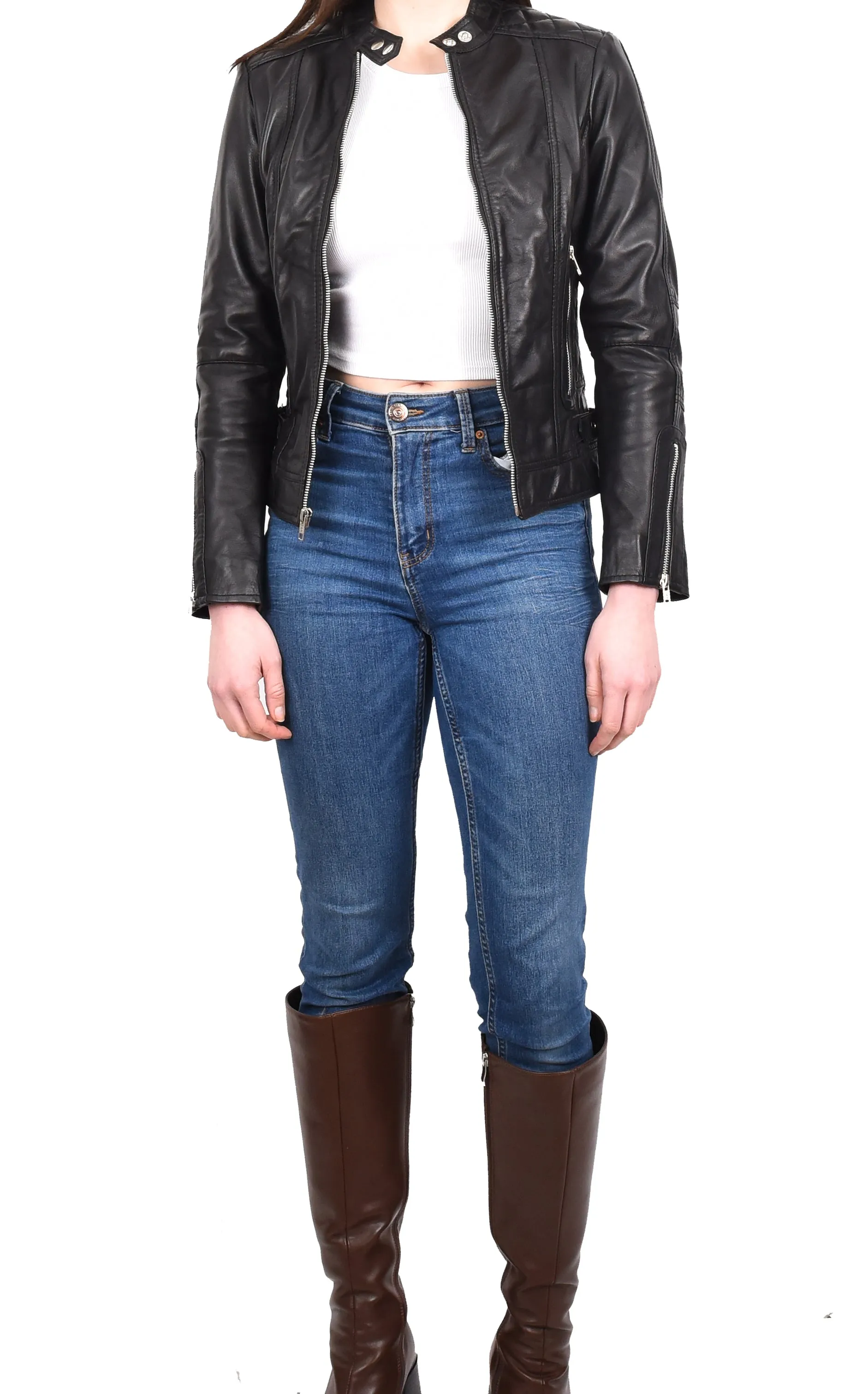 Women's Real Leather Fitted Motorbike Biker Jacket Black Ridebrave