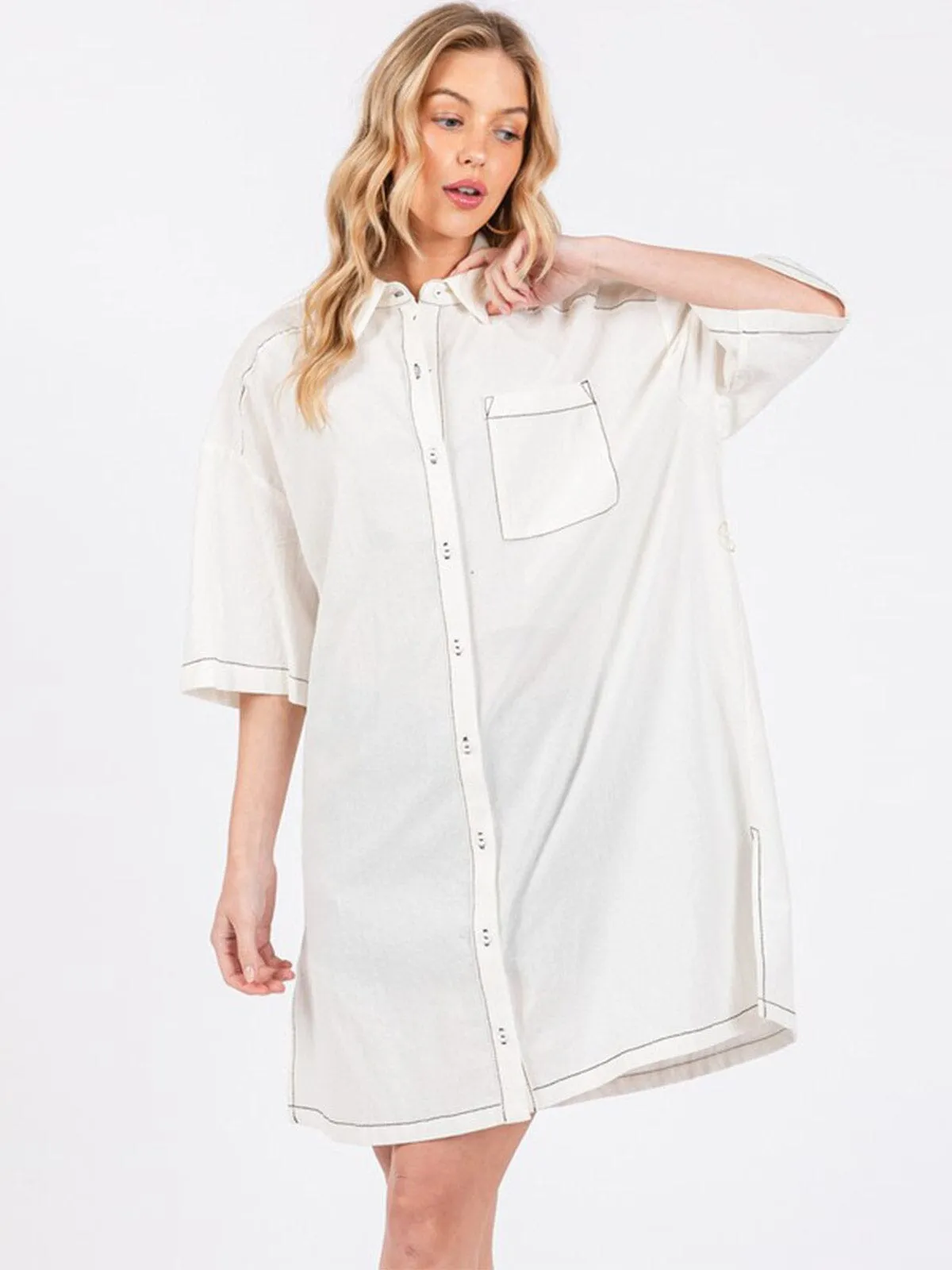 WOMEN'S SHORT SLEEVE BUTTON CLOSURE FRONT POCKETS TUNIC TOP