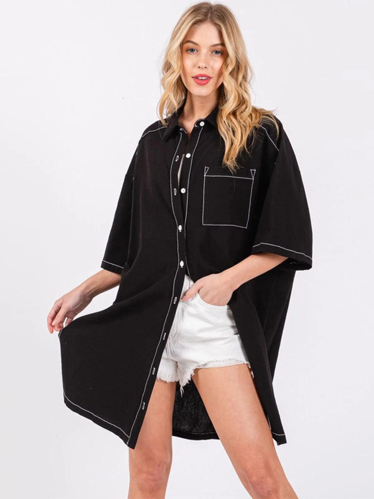 WOMEN'S SHORT SLEEVE BUTTON CLOSURE FRONT POCKETS TUNIC TOP