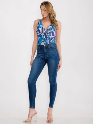 WOMEN'S SLEEVELESS V-NECK OPEN BACK MULTI PRINT BODYSUIT