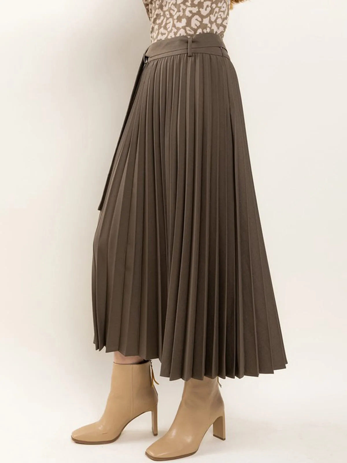 WOMEN'S ZIP UP SELF TIE PLEATED MAXI SKIRT