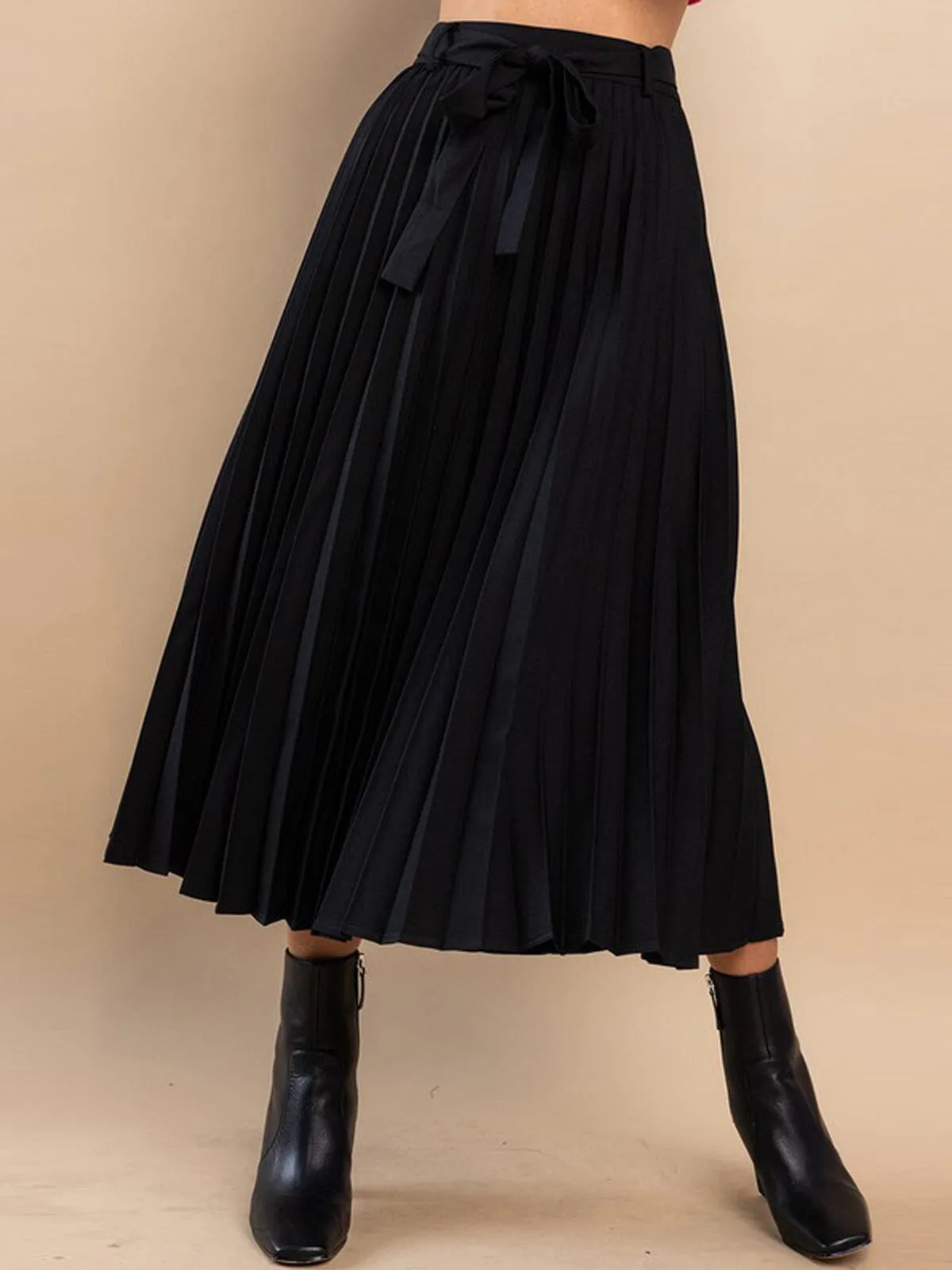 WOMEN'S ZIP UP SELF TIE PLEATED MAXI SKIRT
