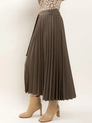WOMEN'S ZIP UP SELF TIE PLEATED MAXI SKIRT