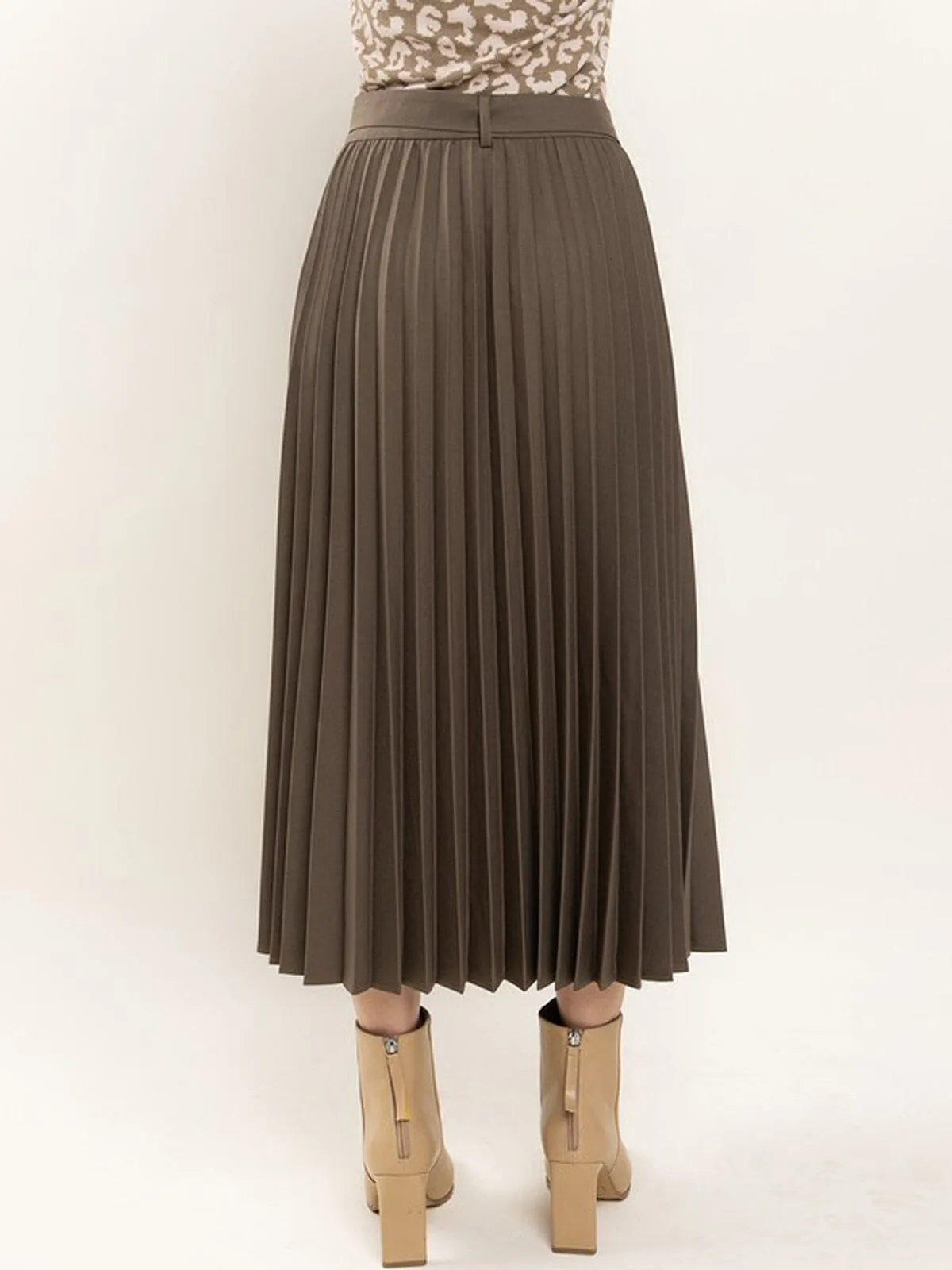 WOMEN'S ZIP UP SELF TIE PLEATED MAXI SKIRT