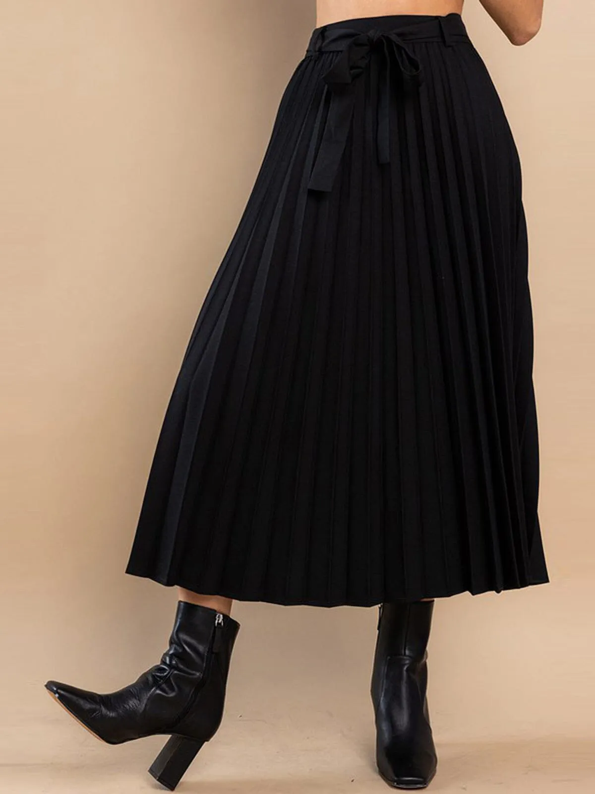 WOMEN'S ZIP UP SELF TIE PLEATED MAXI SKIRT