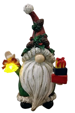 Woodland Gnome Figure with bells & presents lights up -resin 8"