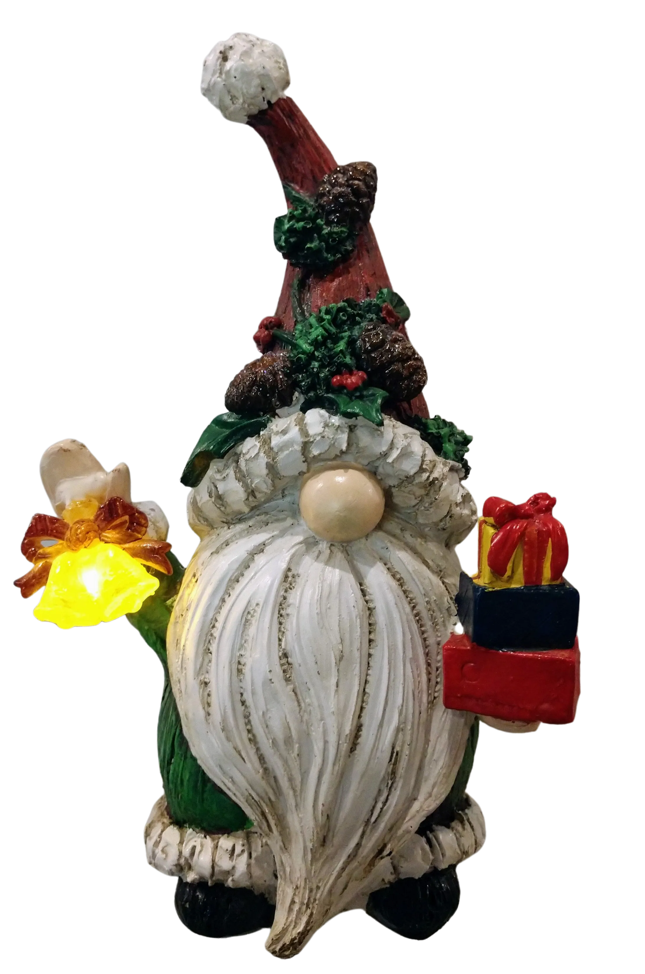 Woodland Gnome Figure with bells & presents lights up -resin 8"