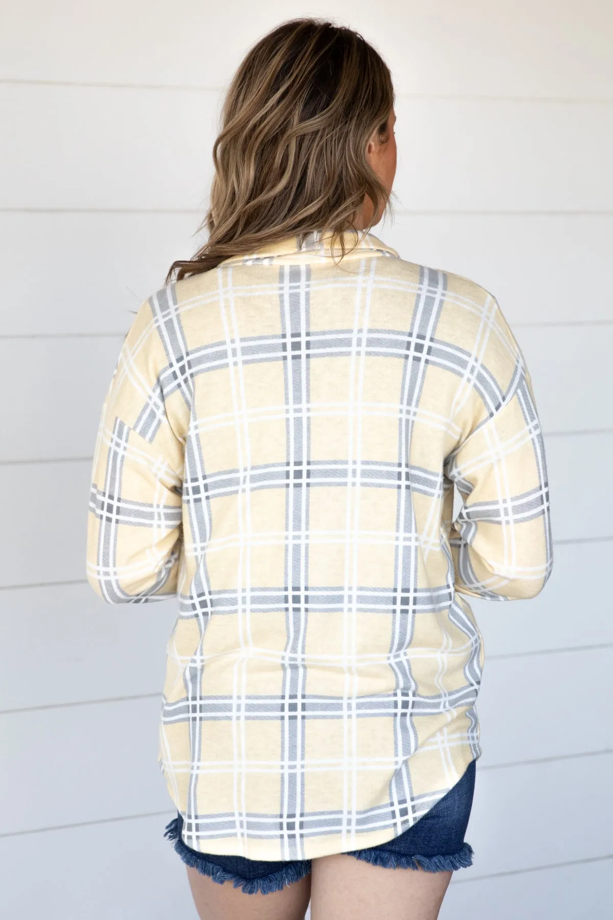 Yellow and Grey Plaid Knit Button Up Top