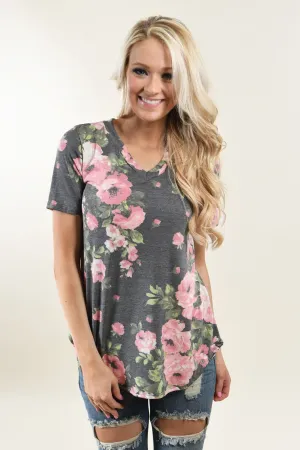 Yours Truly Floral V-Neck Charcoal
