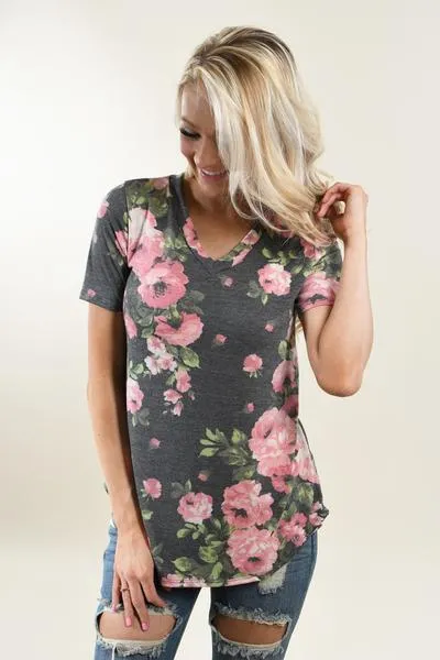 Yours Truly Floral V-Neck Charcoal