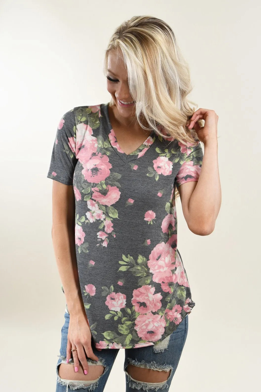 Yours Truly Floral V-Neck Charcoal