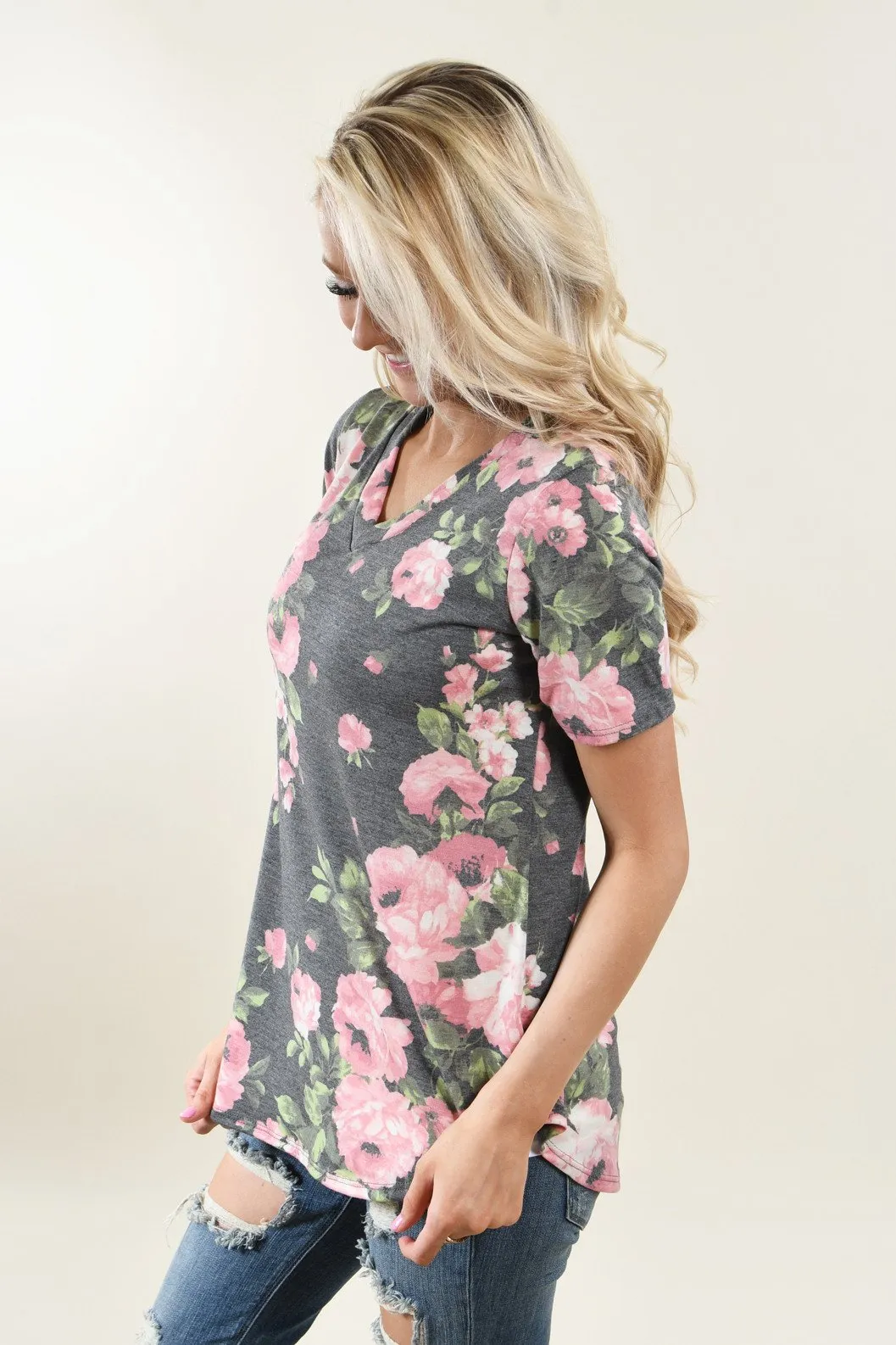 Yours Truly Floral V-Neck Charcoal
