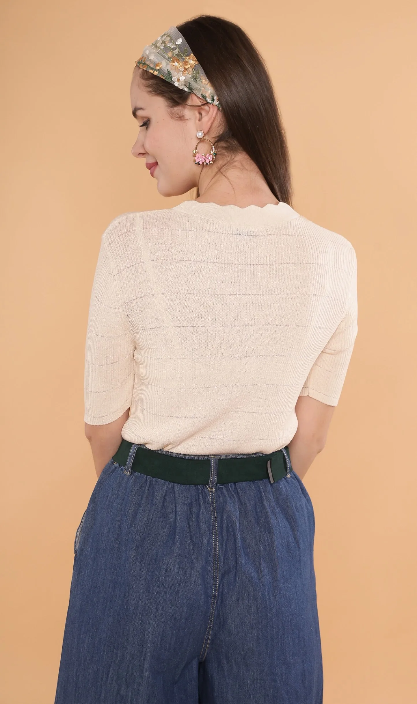 ZARIA Scalloped-Neck Knit Top (Cream)