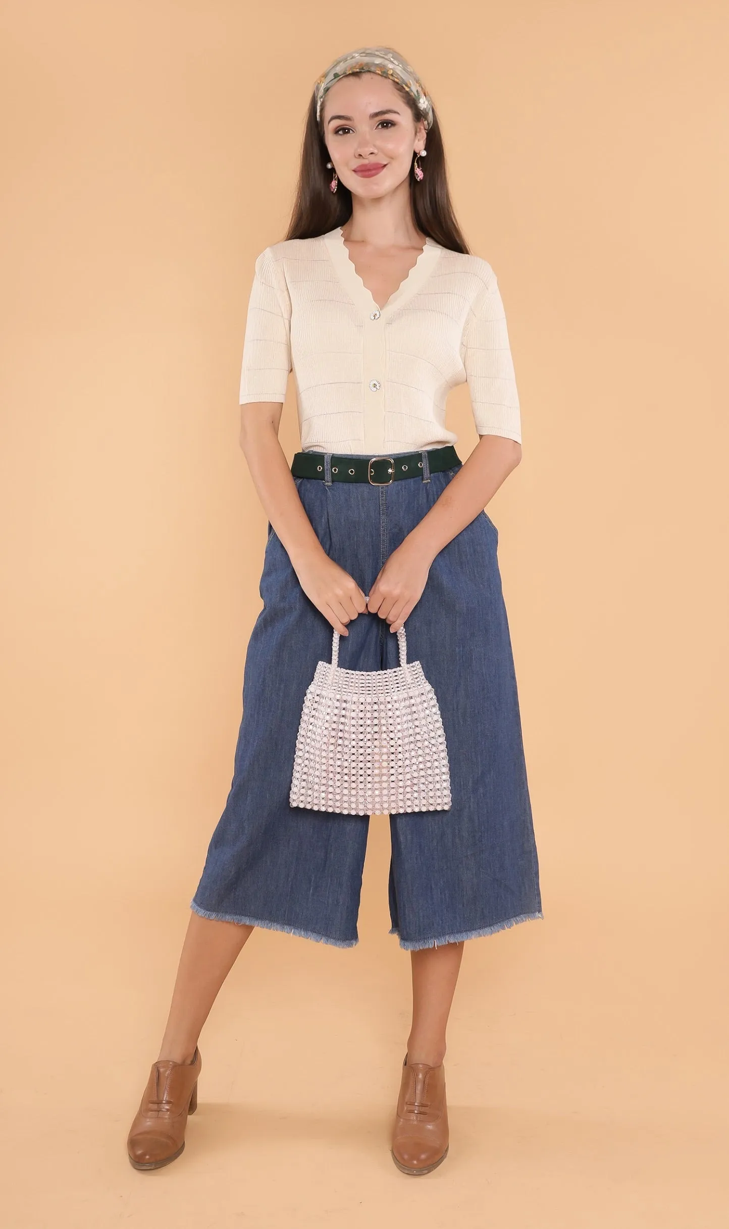 ZARIA Scalloped-Neck Knit Top (Cream)